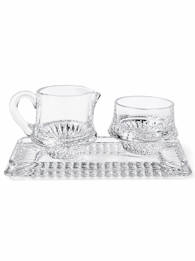 Vintage Nachtmann crystal cream and sugar set with underplate