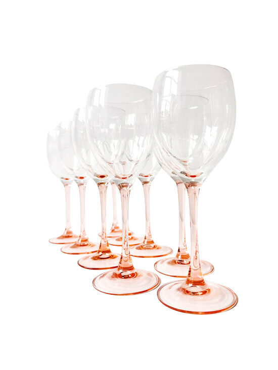 Vīna glāzes ar rozā kājiņu, Luminarc, Francija, ap 1970. gadiem