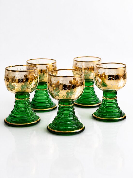 Liqueur Glasses with Green Stem and Gold Rim