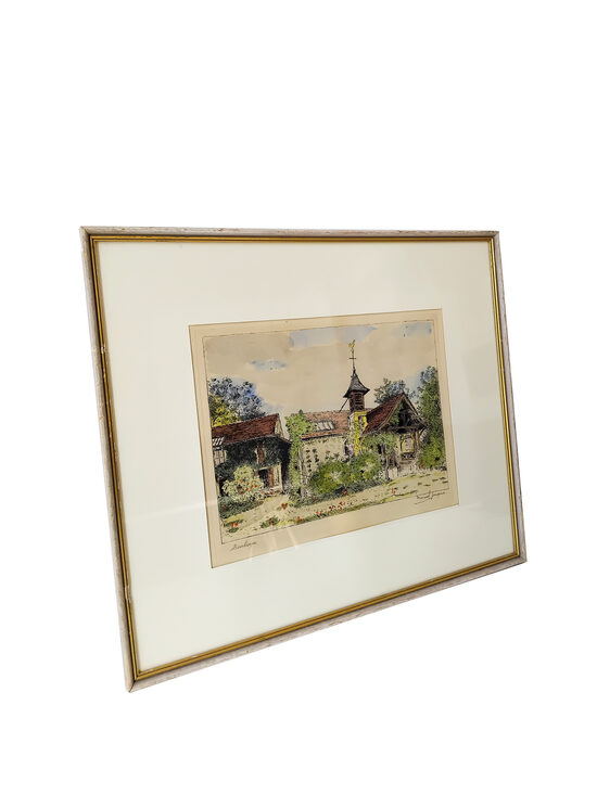 Litogrāfija ''The House of Th. Rousseau and the Church of Barbizon” 