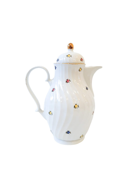 Balta porcelāna tējkanna ar ziediņiem