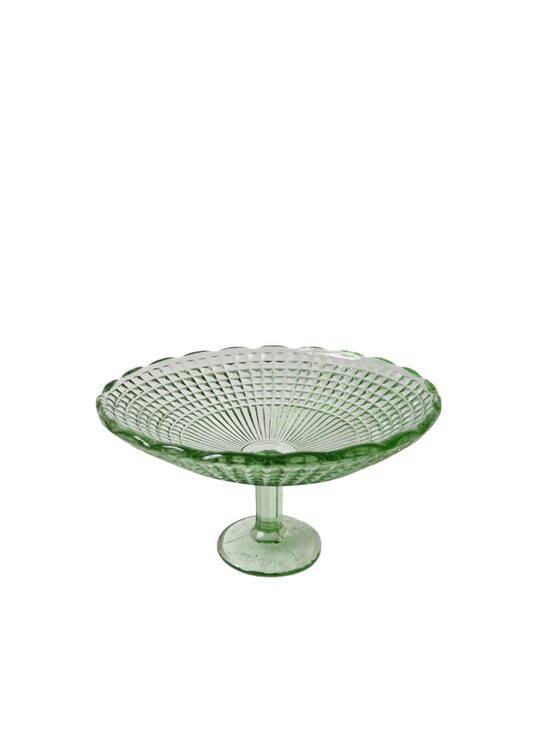 Zaļš stikla augļu trauks uz kājiņas